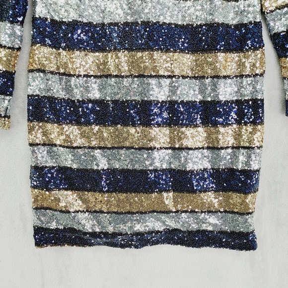 XTAREN Blue Gold Silver Striped Sequin Long Sleeve Evening Formal Dress P6871 - Picture 2 of 8